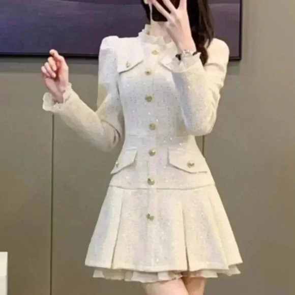 Apricot Elegant Women's Sequin Tweed Pleated Single Breasted Mini Dress - Picture 7 of 7